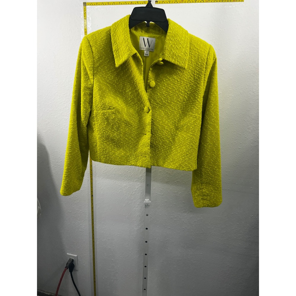 Worthington Womens Chartreuse Neon Yellow Cropped‎ Bouclé Blazer Jacket Size 4P